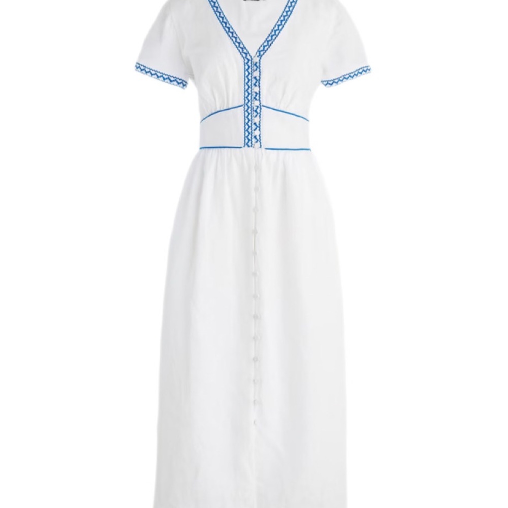 J.Crew White 100% Linen Embroidered Midi Dress Blue Ric Rac Button Front Size 12 - Picture 2 of 11